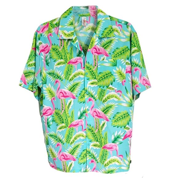 India Boutique Other - India Boutique Mens Turquoise Pink Flamingo Hawaiian Shirts Short Sleeve Size L